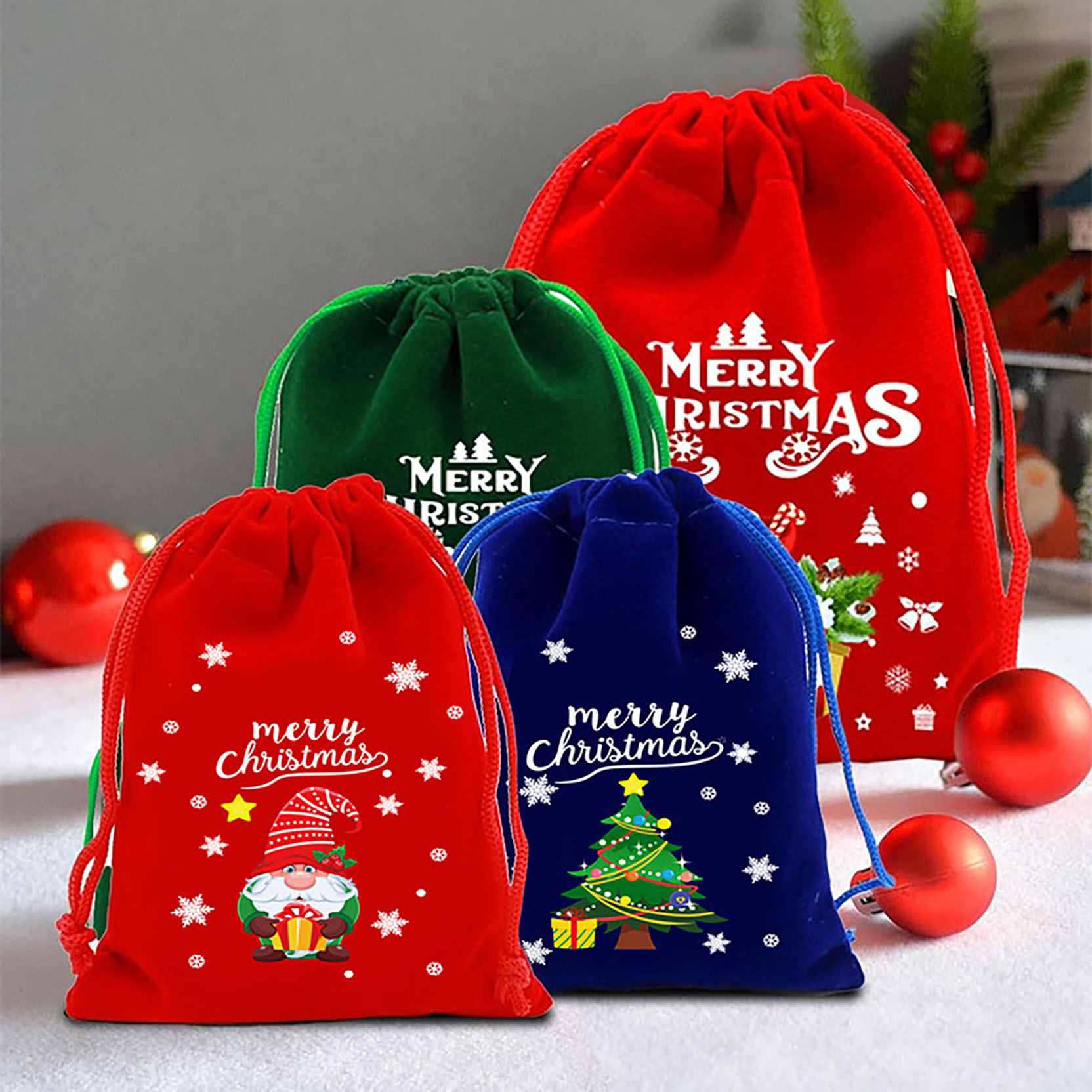 8pcs 10x15cm Velvet Drawstring Bag Xmas Storage Pouch Candy Cookie Packaging For Kids Gift 