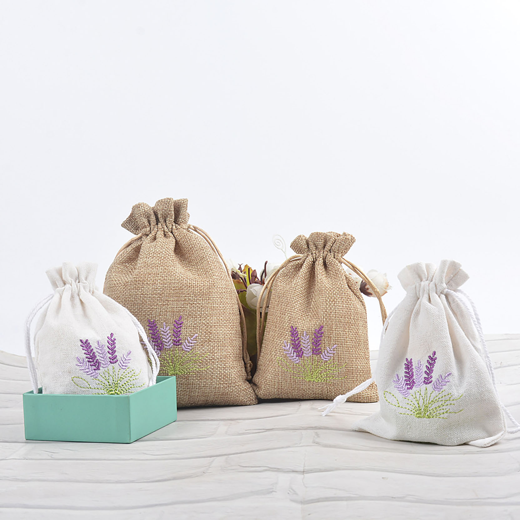 Stock 10x15cm Lavender Burlpa Bag Sachet Empty Bags with Lavender Pattern for DIY Wedding Party Supplies